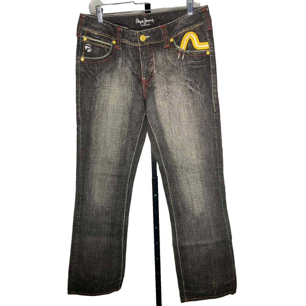 PEPE Denim Jeans London‎ Y2K 90s Grunge Men's 32x32 Dark Wash Embroidered faded